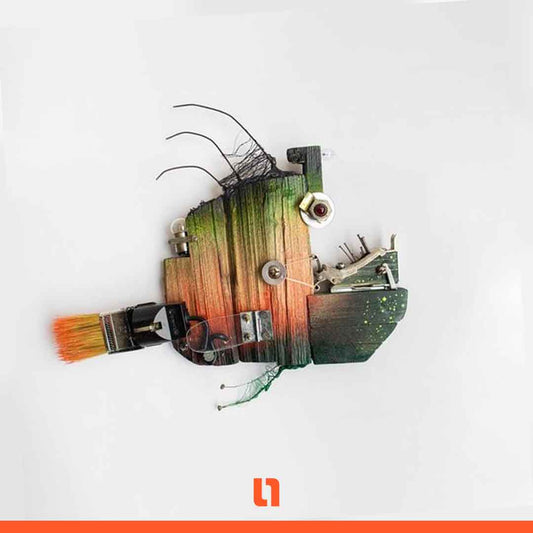 work of art made with repurposed materials, upcycling art project